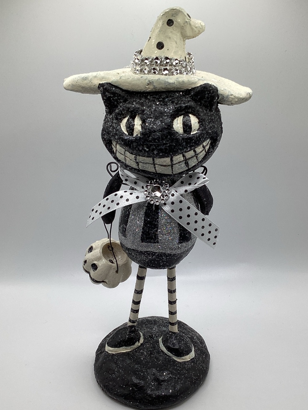 Halloween Bling Black Cat Holding Bucket Whimsical Decor